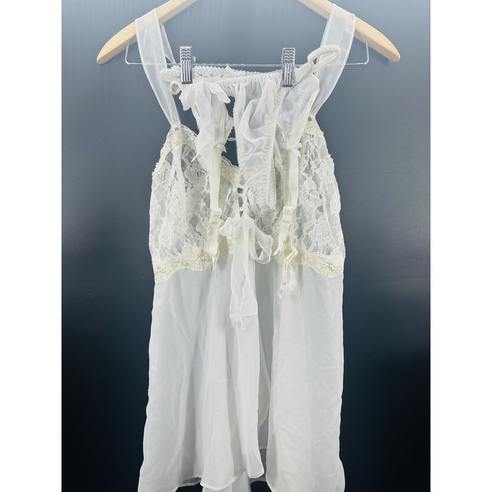 Vtg‎ L.A. Intimates White Slip Dress Thong Garter M/L Lace Lingerie USA EE12